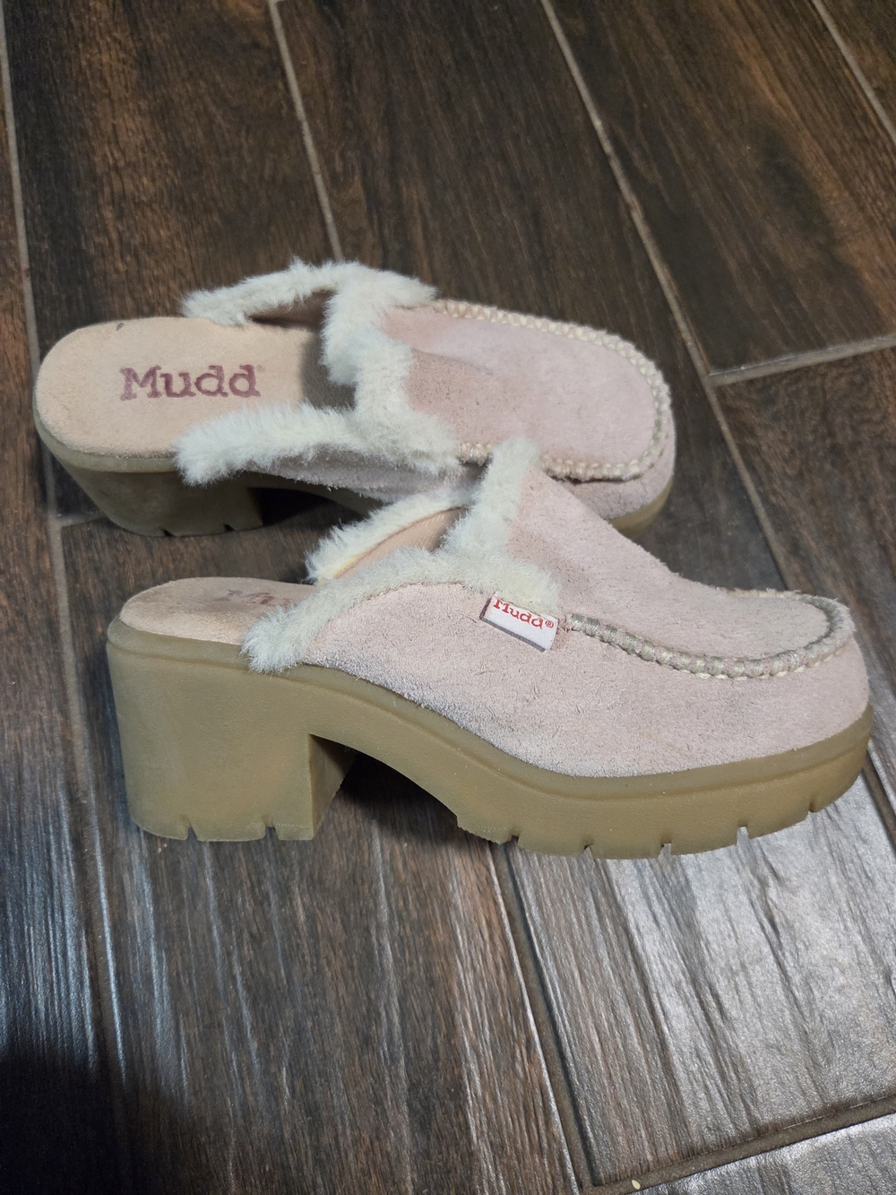 Suede Pink Faux-Fur Clog Heels - Women Shoes